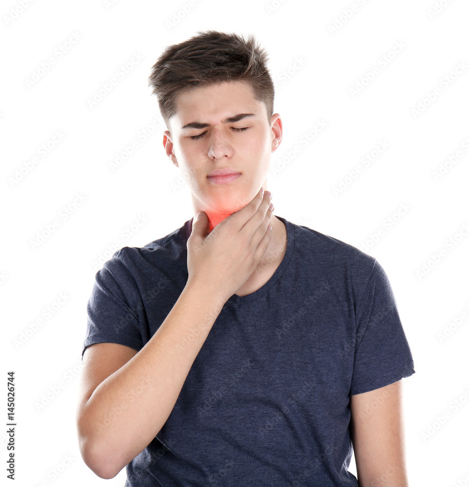 Allergies and sore throat concept. Sick young man on white background Allergies and sore throat concept. Sick young man on white background