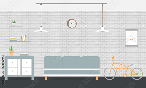 Loft room interior with sofa, lamp. The kids room and living room