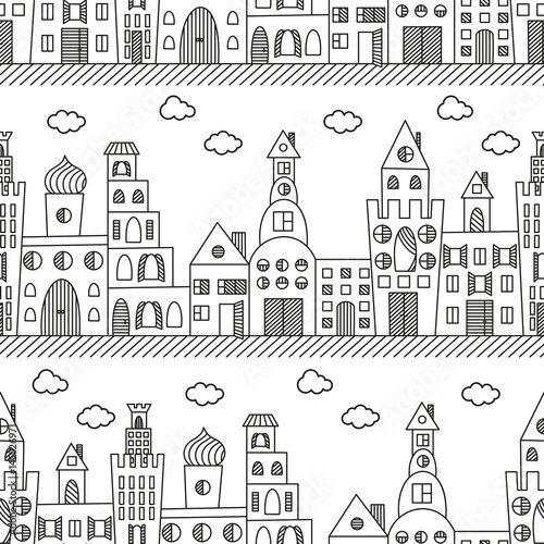 Black and white seamless background of buildings