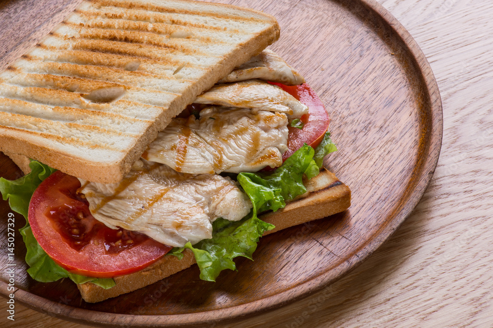 Sandwich with chicken, flat lay top view.