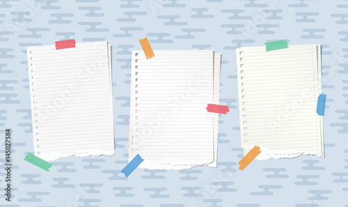 Ripped white notebook, copybook paper sheets stuck with colorful sticky tape on blue rounded lines pattern
