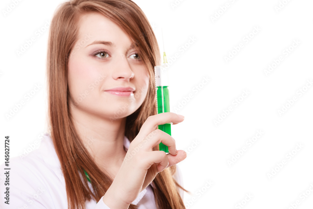 Medical. Woman doctor in lab coat with syringe Medical. Woman doctor in lab coat with syringe