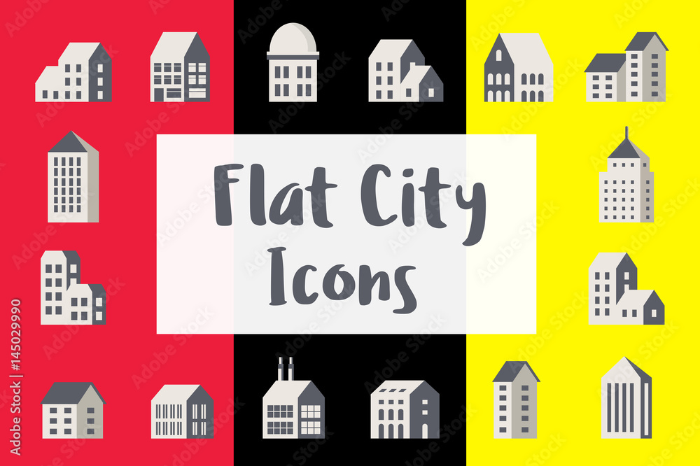 Set city urban icons in flat style with houses, skyscrapers and buildings