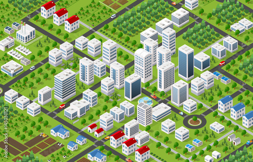 Isometric 3D city megapolis structure urban landscape top view with streets, houses, trees and transport