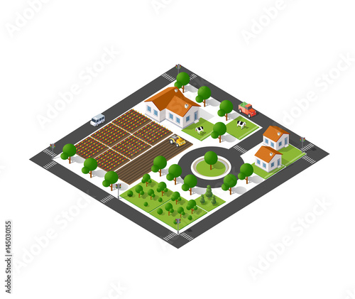 Isometric suburban ecological landscaping farm top view with streets, houses, fields, gardens