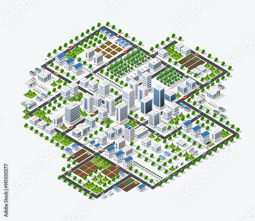 Isometric 3D metropolis city quarter with streets, skyscrapers, trees and houses. Urban landscape top view