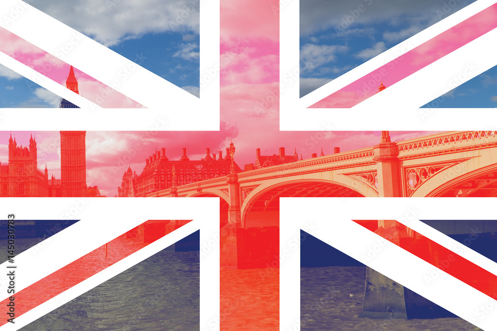 Fototapeta premium Big Ben against cloudy sky, London, United Kingdom with flag