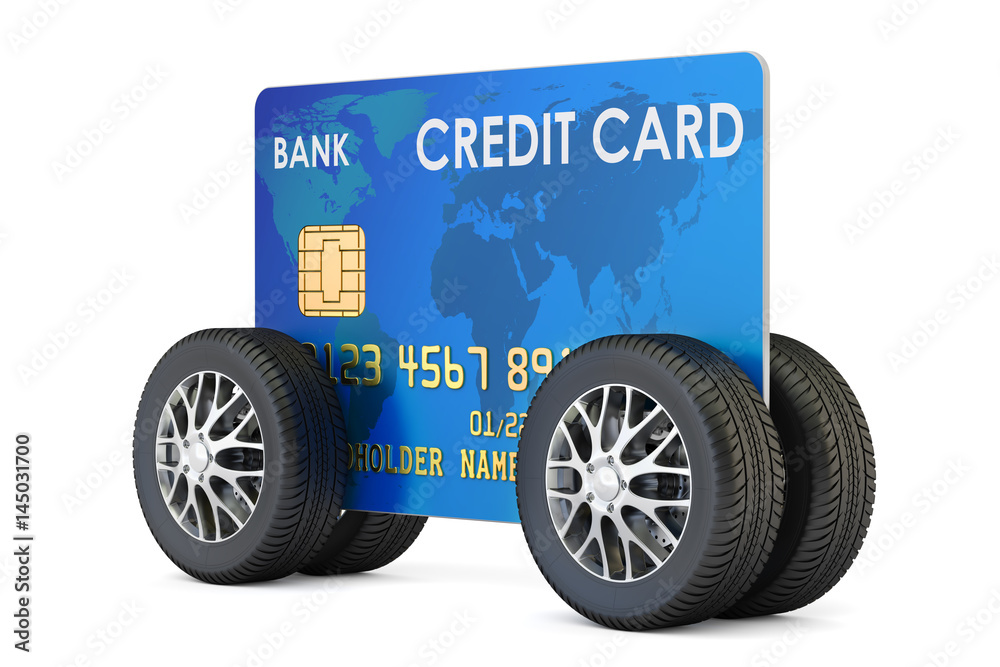 Credit card with car wheels, fast banking service concept. 3D rendering