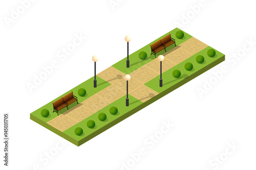 Isometric metropolis city park with streets and trees. Urban landscape top view