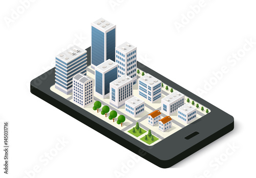 Isometric 3D navigation sign on mobile phone city urban map indicating the location and direction