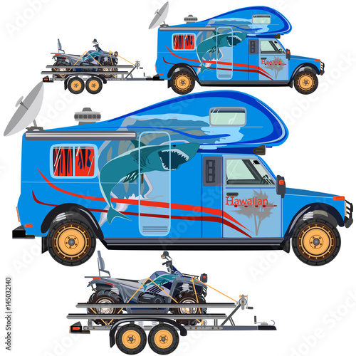 Vector illustration of quad bike, travel car and trailer in flat design