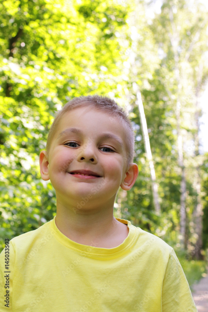 Happy child. Little boy smiles and looks directly at the camera on a background of green trees in a summer park Happy child. Little boy smiles and looks directly at the camera on a background of green trees in a summer park