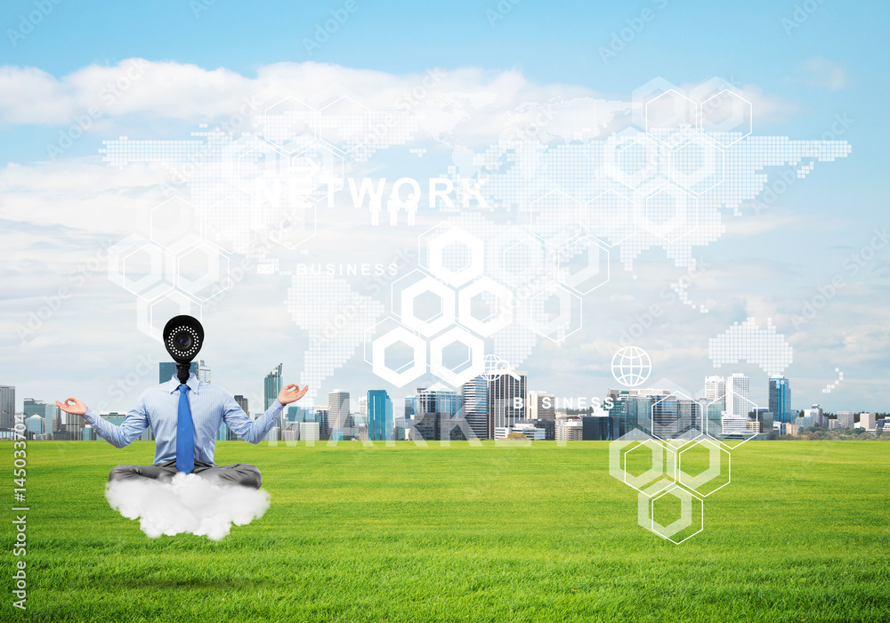 Camera headed man sitting in lotus pose on cloud against modern cityscape
