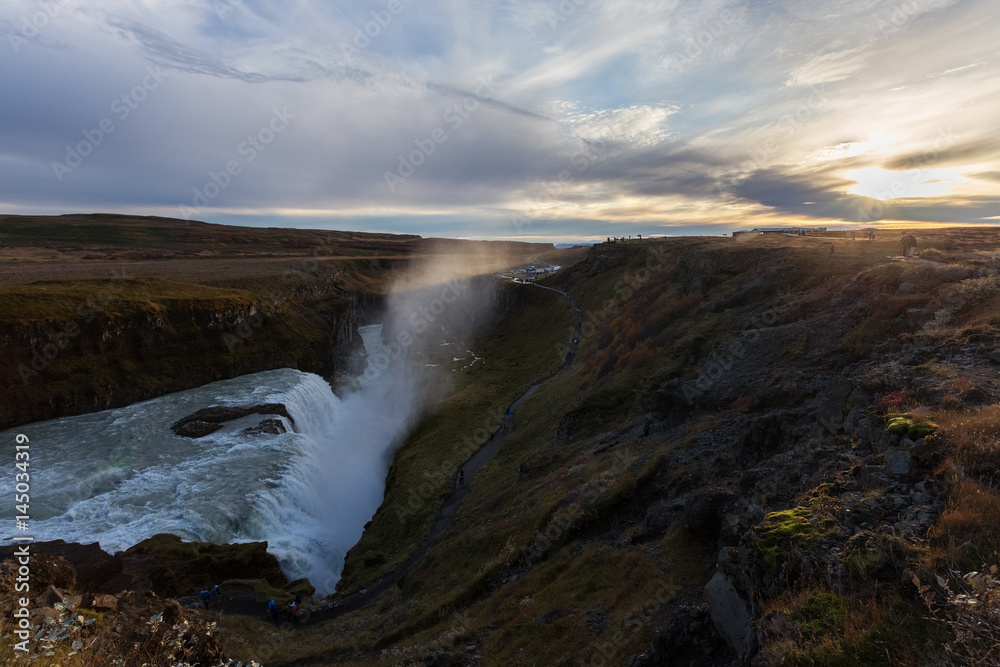 Gullfoss waterfall, beautiful nature sunset. Landscape in Iceland
