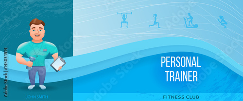 Fitness banner or flyer with personal trainer or bodybuilder.Vector illustration with cartoon character.