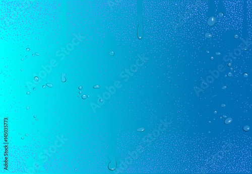 eps 10 vector pure water drops isolated on blue background. Realistic rain drops, dew on glass or window. Clear droplets set for web, print. Closeup illustration. Graphic clip art. Editable backdrop