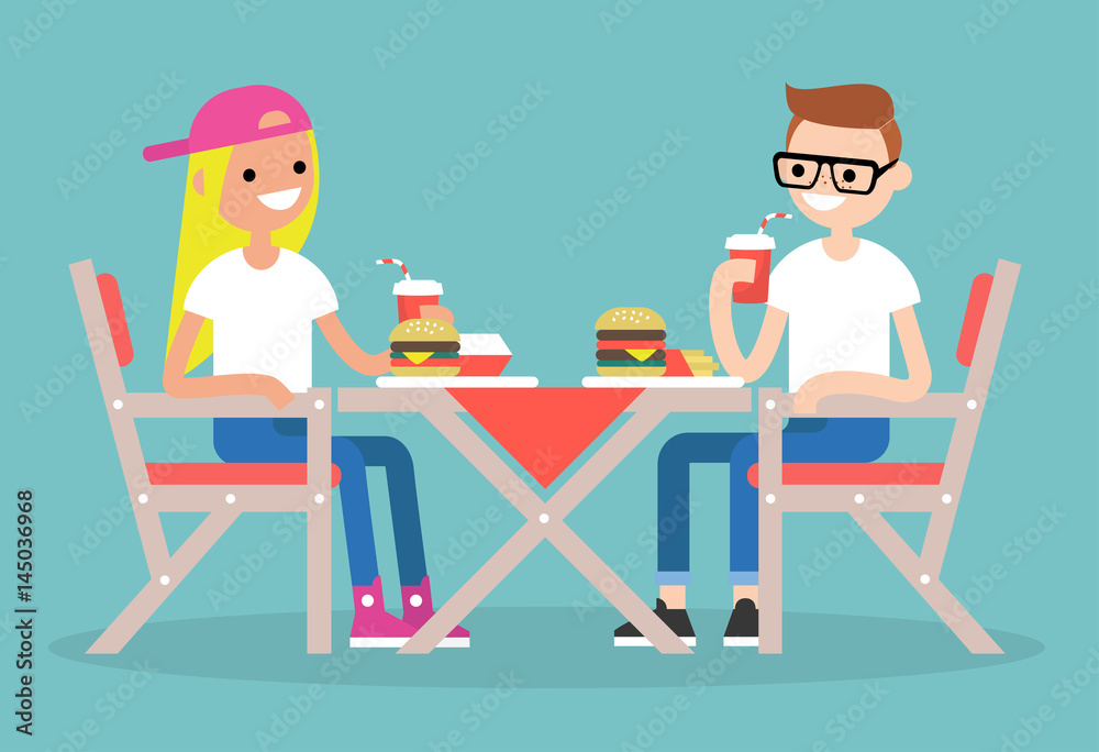 Restaurant visitors. Two teenagers having dinner in a fast food restaurant  / flat editable vector illustration, clip art Stock Vector | Adobe Stock