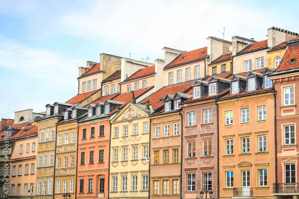 Beautiful colorful tenements in the city center of Warsaw, Poland