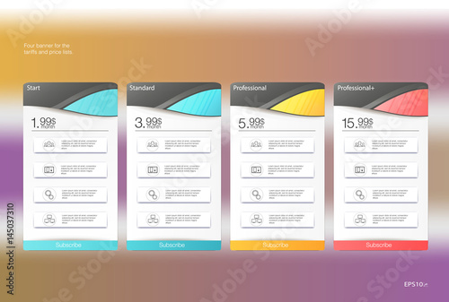Four banner for the tariffs and price lists. Web elements. Plan hosting. Vector design for web app. Four banner for the clouded sky service. Price list, hosting plans and web boxes banners design.