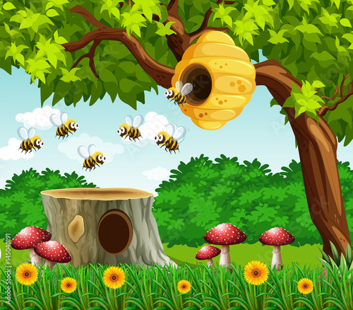 Garden scene with bees flying