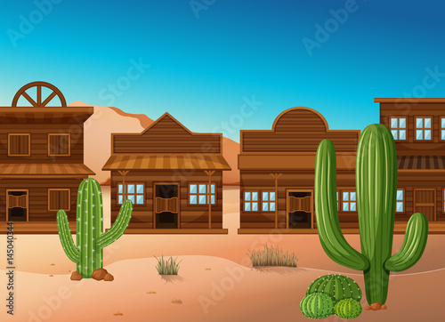 Desert scene with shops and cactus
