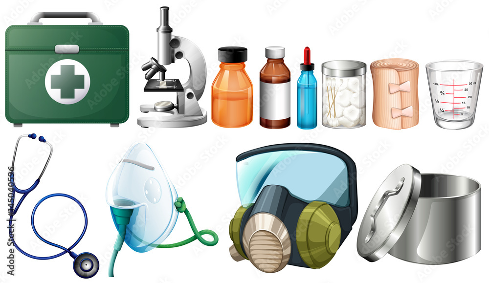 Obraz premium Different medical equipments on white background