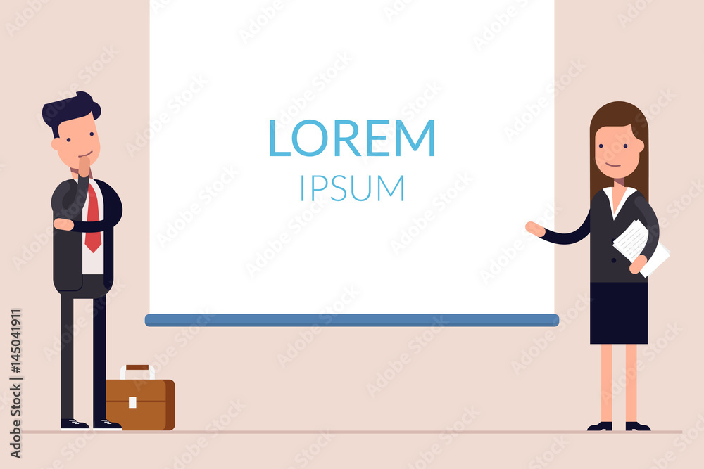 Business man and woman or managers stand near the presentation display. Demonstration at a meeting or seminar. Blank screen. Flat character isolated on background. Business man and woman or managers stand near the presentation display. Demonstration at a meeting or seminar. Blank screen. Flat character isolated on background.