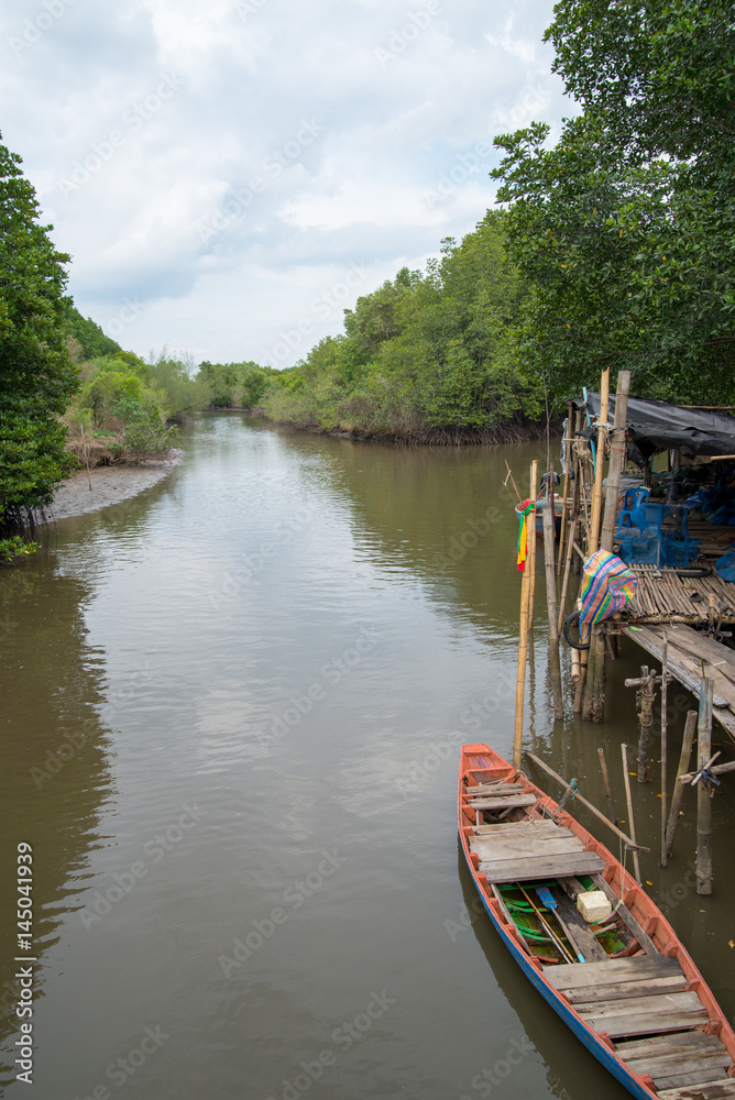 Wide angle view of a wooden boat and dock on the river of a mangrove forest ecosystem. Rayong province, Thailand. Nature and ecology concept.