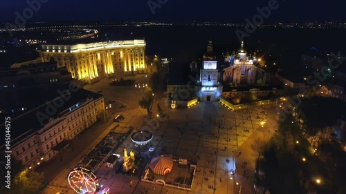 Night aerial view of Mikhailovsky Golden-Domed Monastery on Mikhailovskaya square in Kiev, Ukraine. photo