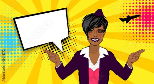 Beautiful sexy young black stewardess girl long hair, smiling style pop art. Comics book retro halftone background. Vector pin up vintage dot illustration. Empty blank comic text speech bubble.