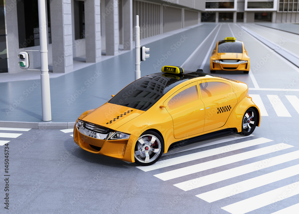 Yellow taxi turning on the corner of the street. 3D rendering image.