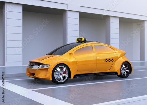 Yellow taxi stopped at the stop line. 3D rendering image.