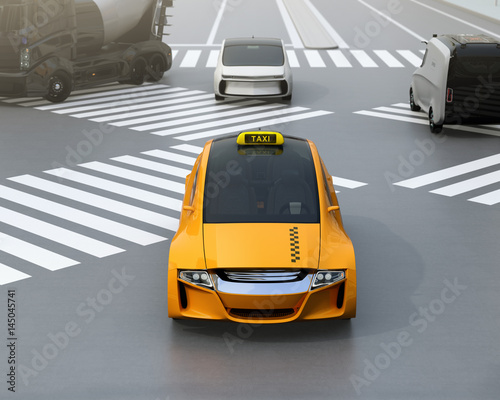 Yellow electric powered taxi driving on the street. 3D rendering image.
