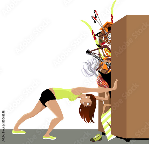 Wardrobe is bursting from stuff, woman trying to hold the doors closed, EPS 8 vector illustration