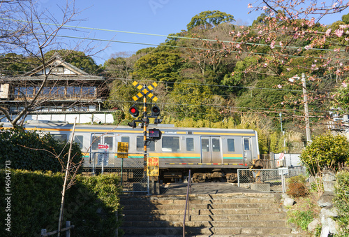 Train across the Seikenji temple grounds