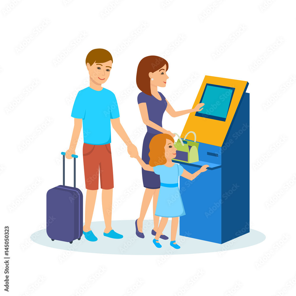 Family, with luggage, near payment terminal in airport waiting room. Family, with luggage, near payment terminal in airport waiting room.