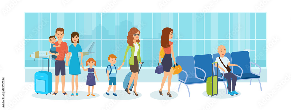Fototapeta premium People in tourist trip, in waiting room at the airport.