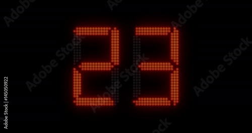 Sports shot clock countdown from 27 to 0. Glowing LED digits with time lag and afterglow.