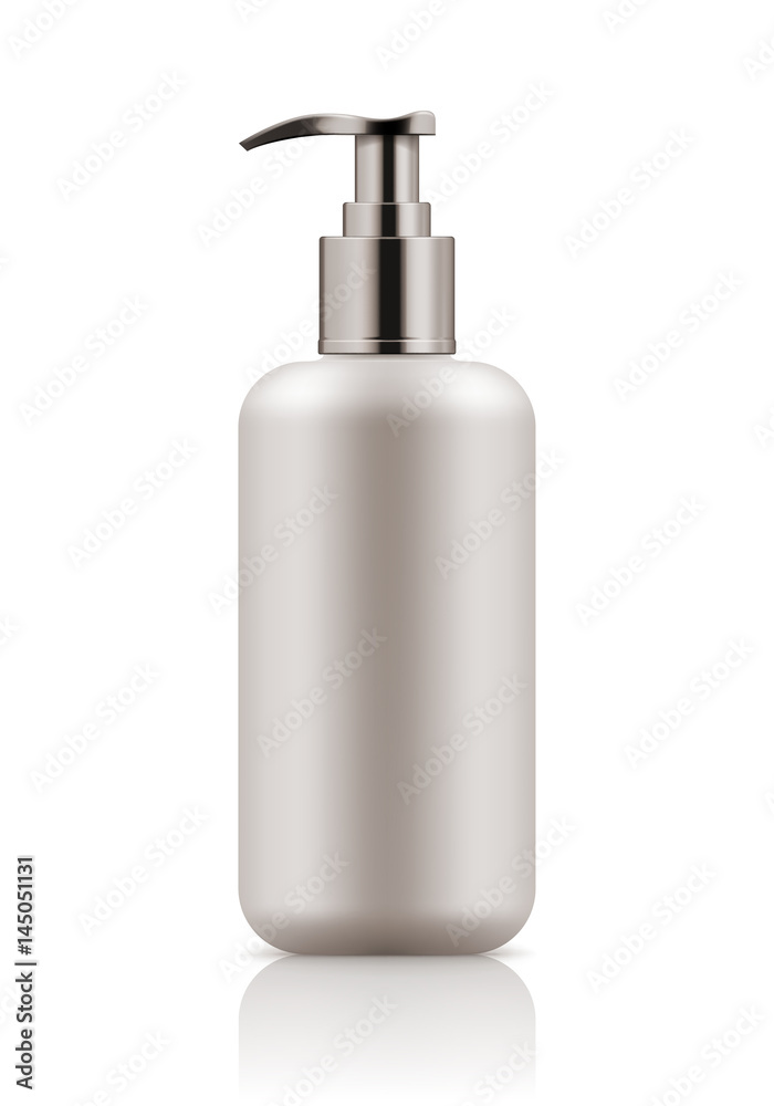 Vector realistic blank template of plastic bottle with dispenser. Mock-up of package. Empty and clean 3d white plastic container for cream, body lotion, liquid gel. Vector realistic blank template of plastic bottle with dispenser. Mock-up of package. Empty and clean 3d white plastic container for cream, body lotion, liquid gel.