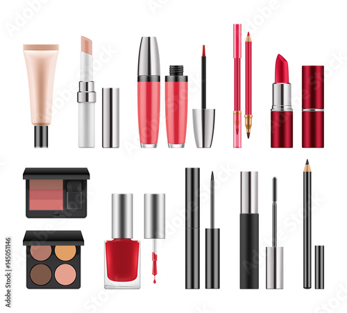 Set of packages for decorative cosmetics. Realistic blank template of containers for eyeliner, eyeshadow, lipstick and lipgloss, red nail polish, pencil for lip and eyes. Vector illustration isolated