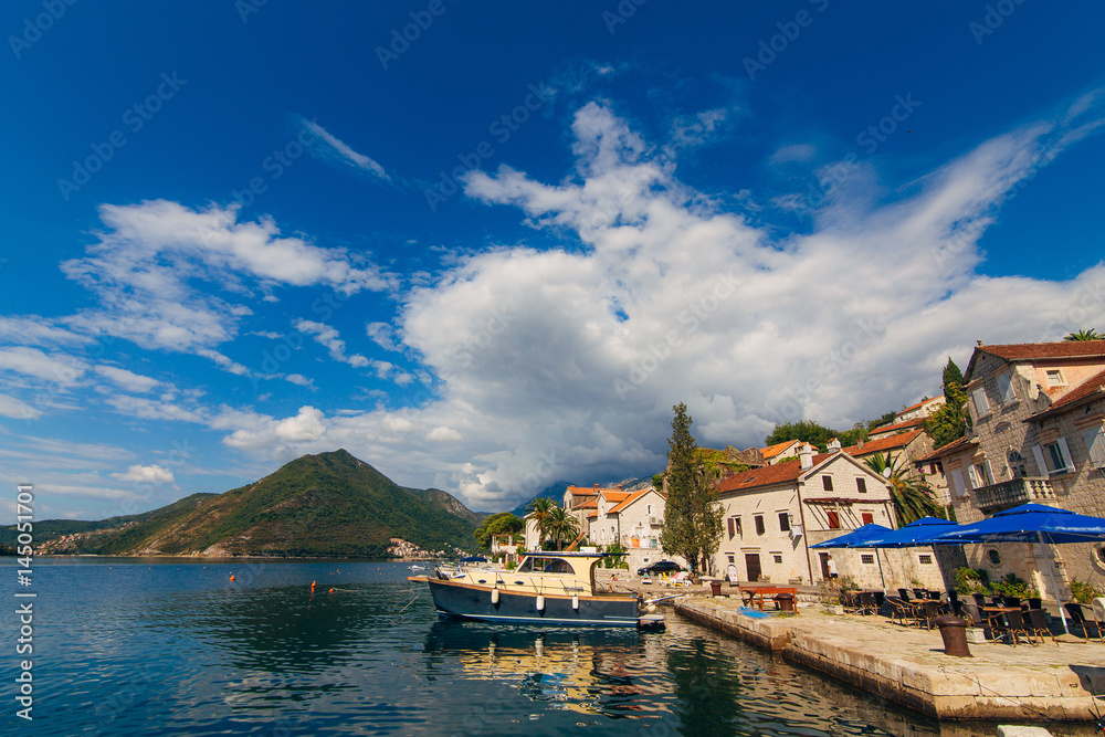 Yachts near the old town of Perast in Montenegro