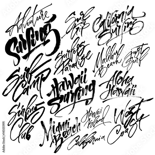 Set of Surfing Modern Calligraphy Hand Lettering for Serigraphy Print