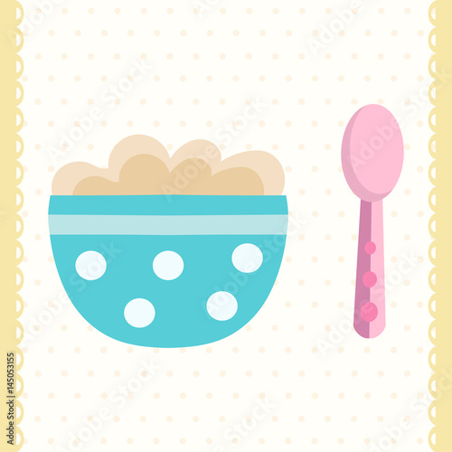 Baby porridge bowl and spoon. Flat design