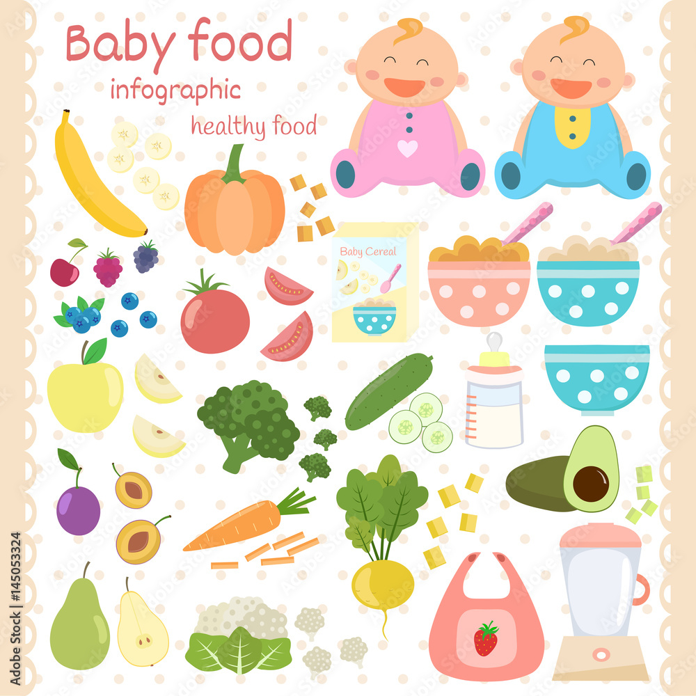 Baby food icons set. Infant food infographic. Vegetables, fruits, cereal, milk. Flat design Baby food icons set. Infant food infographic. Vegetables, fruits, cereal, milk. Flat design