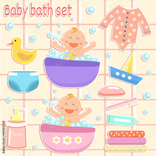 Baby bath stickers set. Flat design.