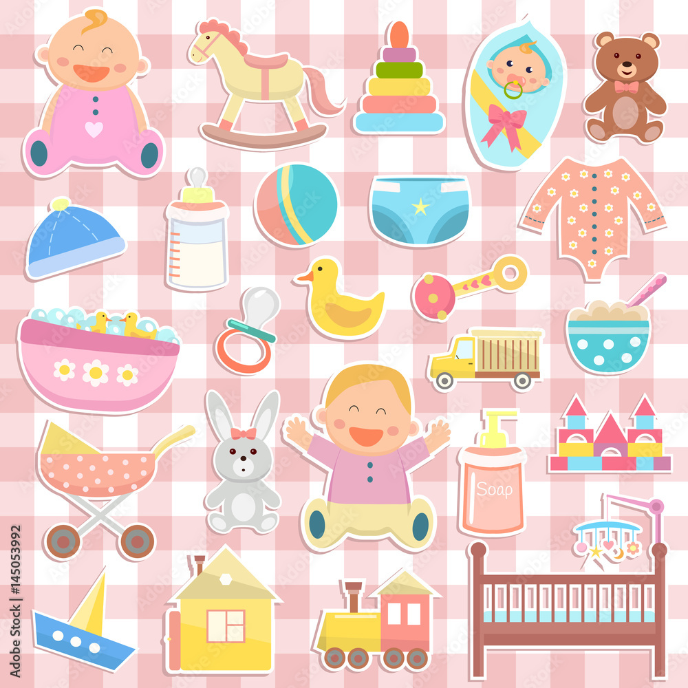 Fototapeta premium Cute baby icons stickers on checkered background
