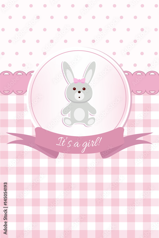 Baby girl shower or arrival card with a rabbit toy. Flat design