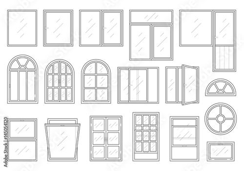 Icons set of windows different types. Pictogram collection in thin linear style. Classic architecture elements. Simple design. Vector illustration in black color isolated on white background photo