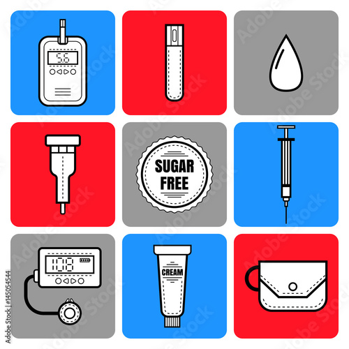 Test strip, drop of blood, syringe and glucose meter. Diabetes. Flat icons and objects of medical equipment.