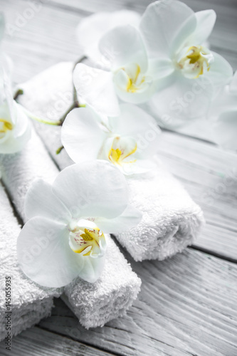 White Orchid on wooden background with towel